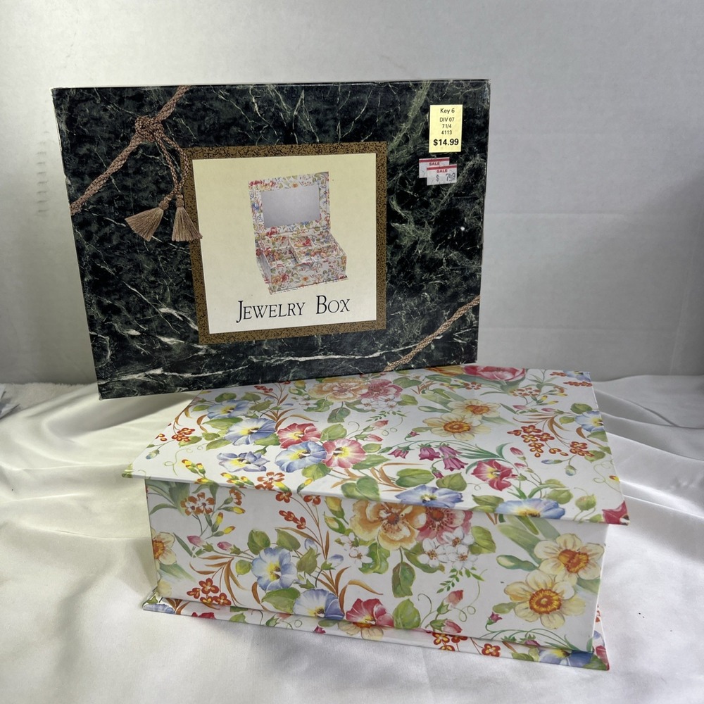Vintage Kmart Ladies Fashion Jewelry Box Removable Tray Floral Design White
